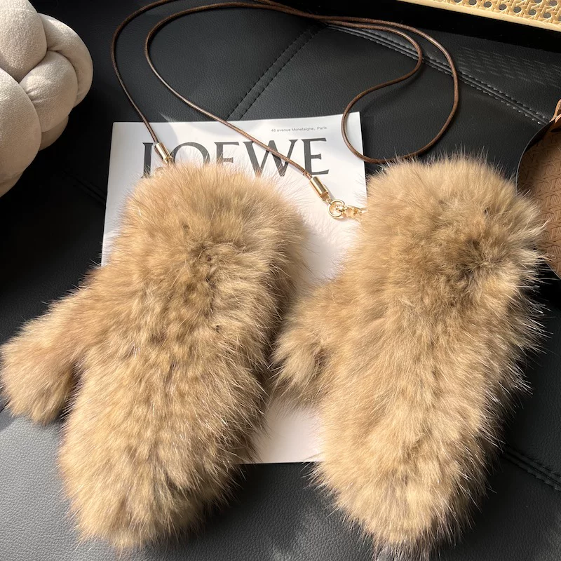 Real Sable Fur Mittens for Women – Luxury Winter Gloves, Warm Knitted Stretch Design with Soft Lining & Neck Strap